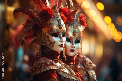 Close-up photo of a two people wearing colourful venetian masks in Venice, Italy - Created with Generative AI technology © AI Visual Vault