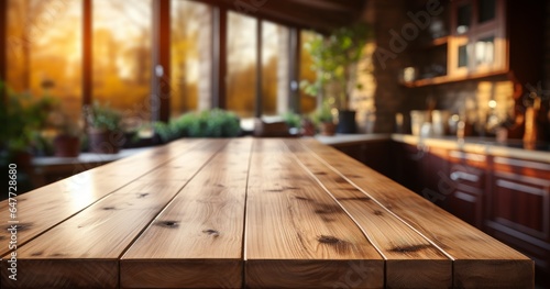 shot of Wooden table on blurred kitchen bench background