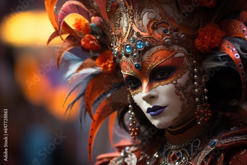 Close-up photo of a person wearing a colourful venetian mask in Venice, Italy - Created with Generative AI technology © AI Visual Vault