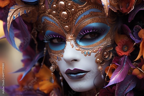 Close-up photo of a person wearing a colourful venetian mask in Venice, Italy - Created with Generative AI technology © AI Visual Vault