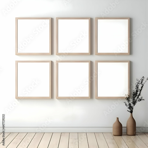 Several photo blank picture frames on parquet floor. High-resolution