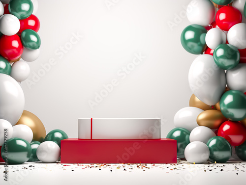 Product displays,podium stage with balloon and gift present concepts.luxury green and red color.celebration festival card background.minimal design. photo