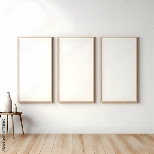 Three photo blank picture frames on parquet floor white wall. Minimalism. High resolution