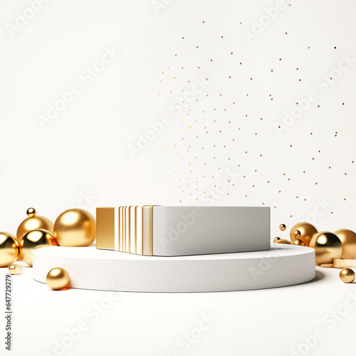  product displays,podium stage with gift present concepts.luxury gold and white color.celebration festival card background.minimal design photo