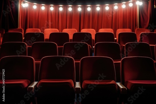 Red Theatre Seats Illuminated with Spotlights. Building Interior with Follow Spot on Stage for Cinema, Concert, or Theatre