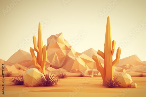 Isolated Low Poly Desert with Cactus in Adventure Travel Concept. Triangular Geometry in Yellow Graphic Render for Holiday Design