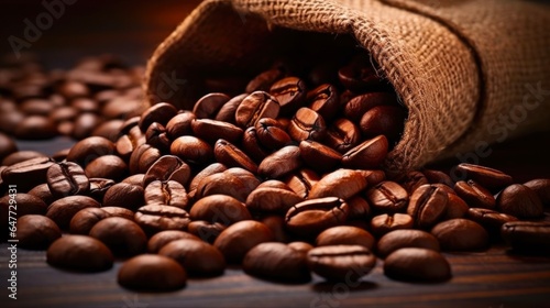 Tasty and Tempting Coffee Beans Spilled out of Bag: Aromatic Seeds of Rich Brown Roasted Caffeine with Natural Flavors