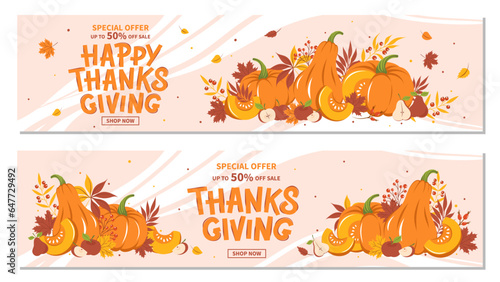 Thanksgiving sale banner horizontal, seasonal promo offer discount poster for autumnal shopping. Pumpkin harvest, fruits, leaves, berries. Vector illustration
