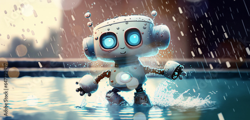 piccolo robot meccanico giocattolo che sguazza divertito in una pozzanghera sotto la pioggia photo