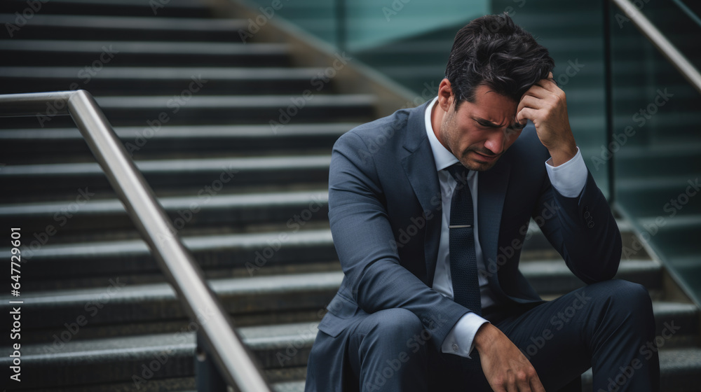 Business man in depression sitting on ground street concrete stairs suffering from overwork and stress Business man in depression sitting on ground street concrete stairs suffering from overwork and stress