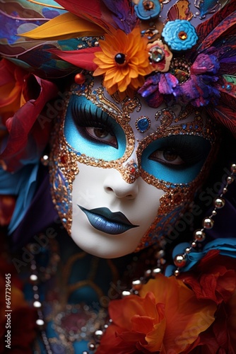 Close-up photo of a person wearing a colourful venetian mask in Venice, Italy - Created with Generative AI technology