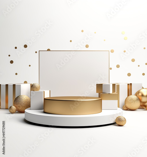  product displays,podium stage with gift present concepts.luxury gold and white color.celebration festival card background.minimal design photo