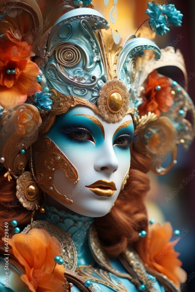 Close-up photo of a person wearing a colourful venetian mask in Venice, Italy - Created with Generative AI technology