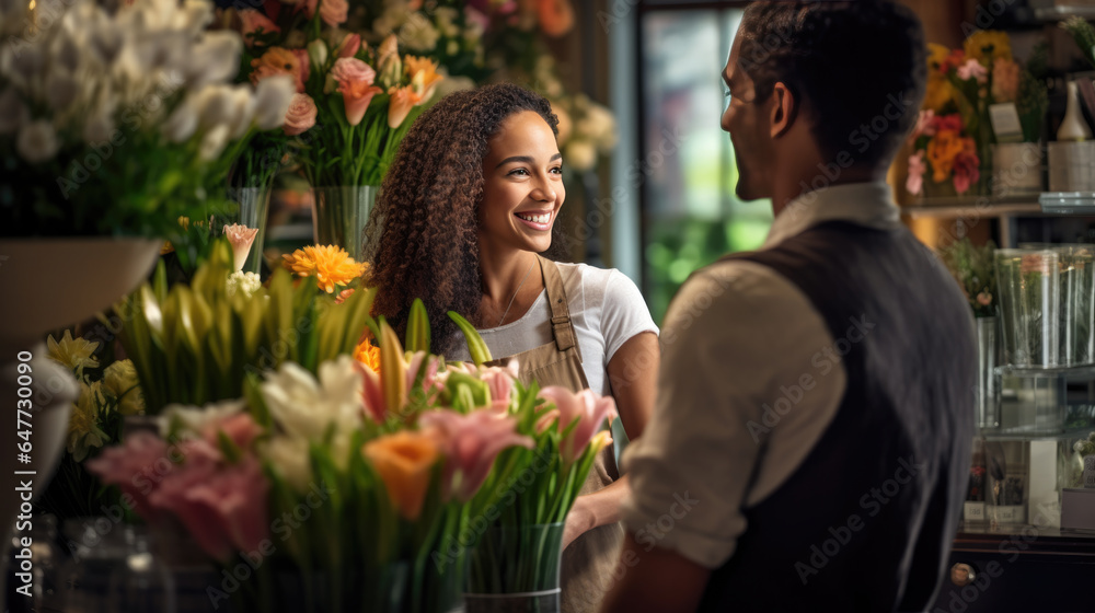 Owner of a flower shop talks to a customer to help him choose a bouquet of flowers