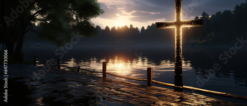 A wooden pier on the river, forest is a background