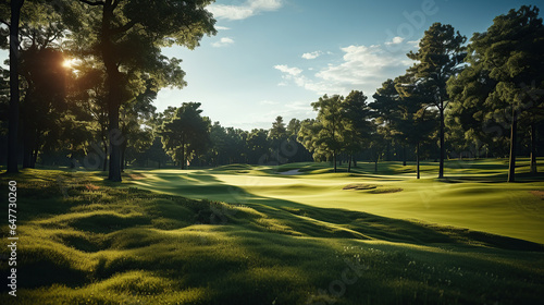 Green grass area in golf courses in bright day.