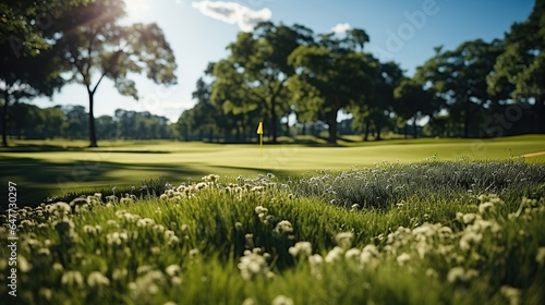 Green grass area in golf courses in bright day.