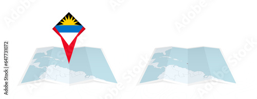 Two versions of an Antigua and Barbuda folded map, one with a pinned country flag and one with a flag in the map contour. Template for both print and online design.