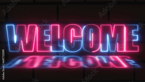 Bright neon text welcome web banner. Neon sign welcome on on brick wall background