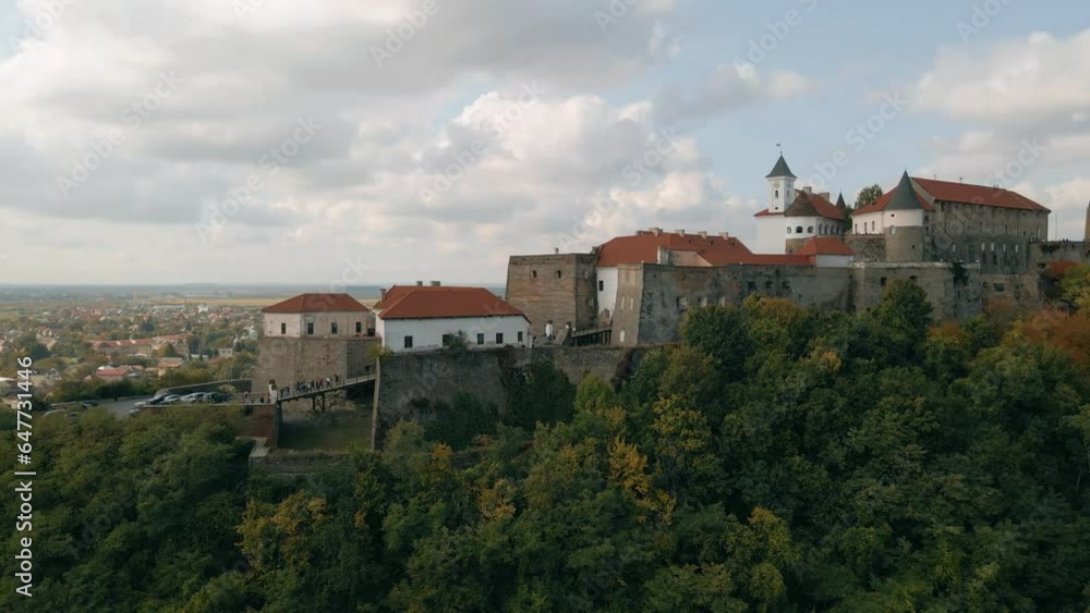 Panoramic aerial view to Palanok Castle of Mukachevo. Historic castle in western Ukraine. Panoramic aerial view to Palanok Castle of Mukachevo. Historic castle in western Ukraine.
