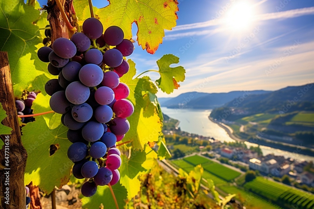 Vibrant grapes in scenic vineyard of Wachau Valley, a renowned winegrowing region in Lower Austria, Europe. Generative AI