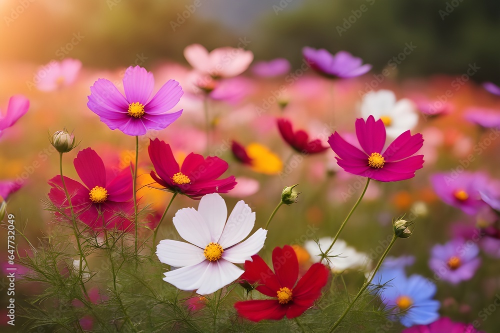 Beautiful cosmos flower garden with many colors in the morning light