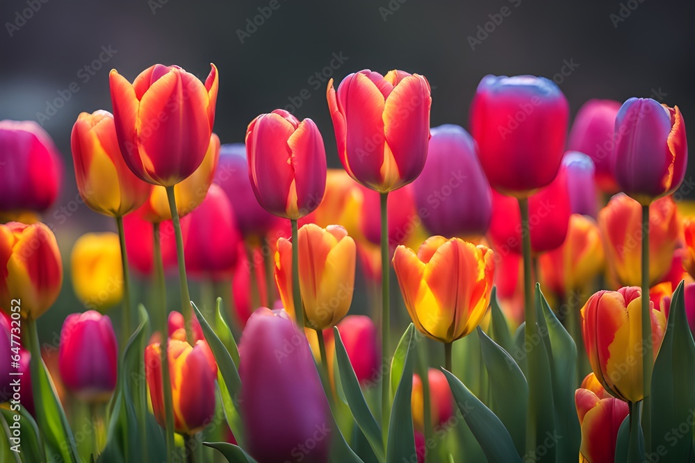 Fototapeta premium Tulip garden, beautiful colorful flowers in the morning