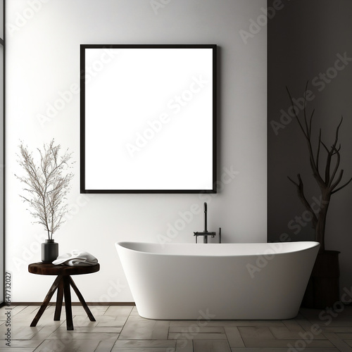 Sleek Sophistication  Dark Light Bathroom with Blank White Wall Frame Mockup
