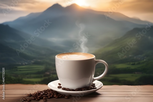 Hot coffee in the morning with mountains in the background