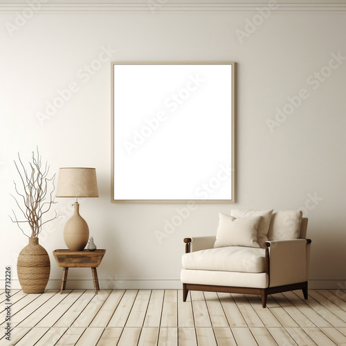 Elegant Cream and Beige Living Room with Minimalist Wall Decor Mockup