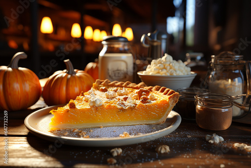 pumpkin pie on the table in a modern kitchen close-up