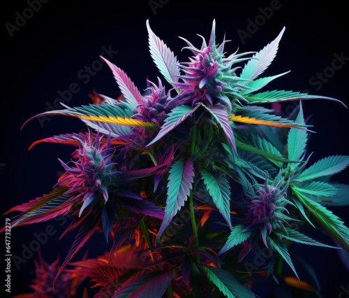 vibrant colors cannabis flower plant on black background