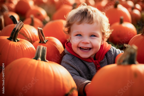 Boy collecting pumpkins in a pumpkin plantation to create Jack-o'-lantern for Halloween. 