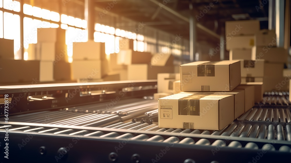 Shipping and Delivery Carton Boxes on Conveyor Belt in Logistics Warehouse Shipping and Delivery Carton Boxes on Conveyor Belt in Logistics Warehouse