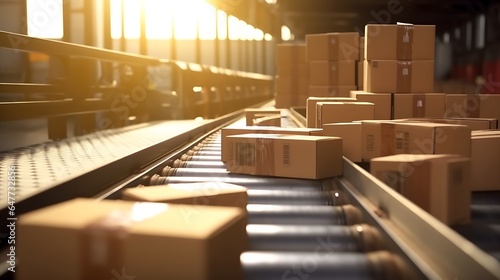 Shipping and Delivery Carton Boxes on Conveyor Belt in Logistics Warehouse