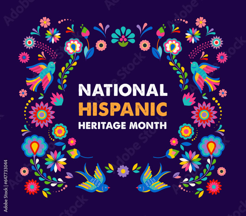 Hispanic heritage month. Vector web banner, poster, card for social media, networks. Greeting with national Hispanic heritage month text, flowers on floral pattern background