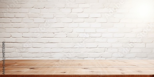 a wooden table top with white brick wall background