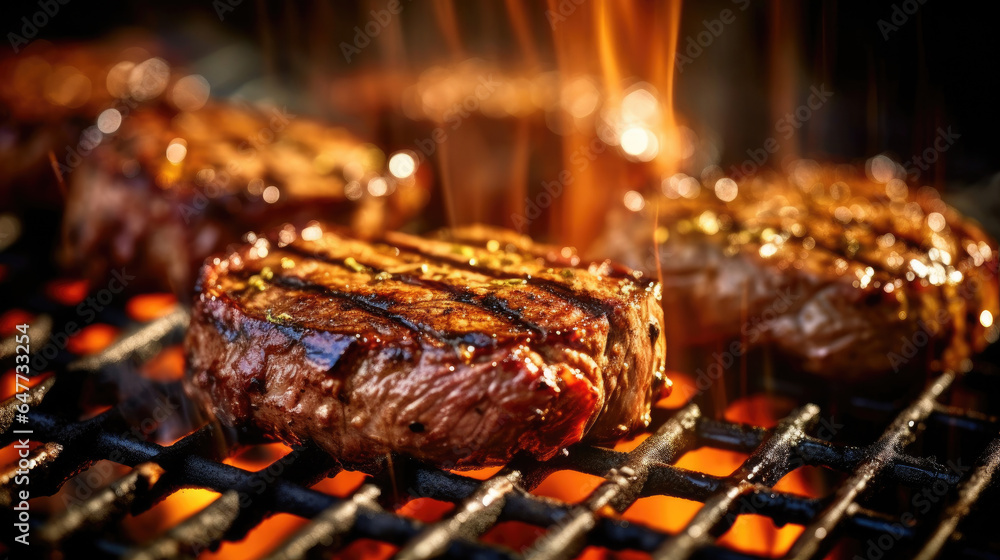 Beef, steaks on the grill. Generative Ai
