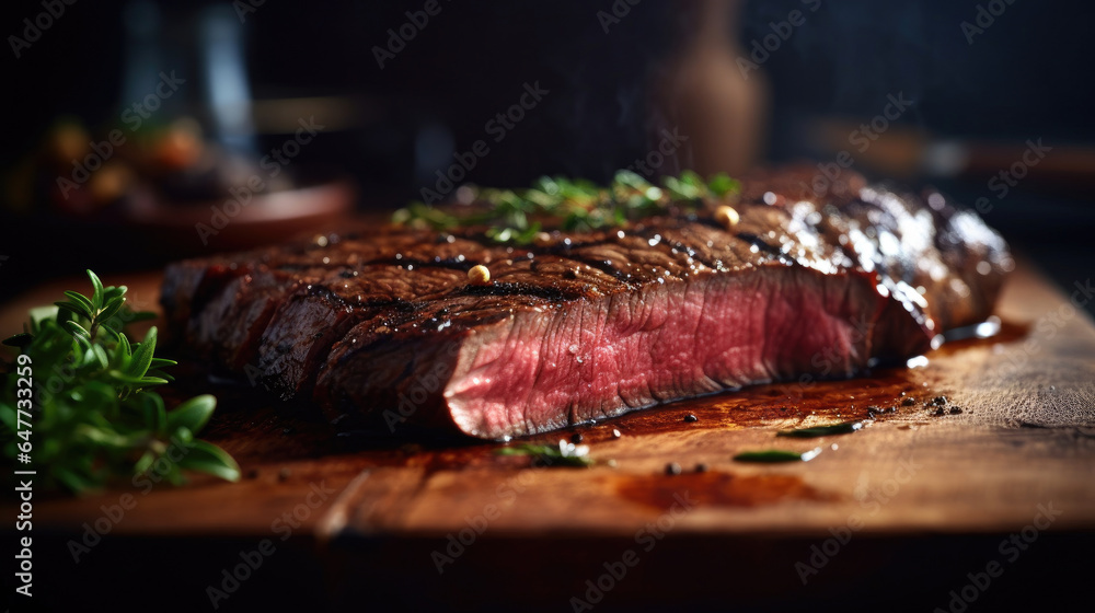 Grilled medium rare steak on wooden board. Generative Ai Grilled medium rare steak on wooden board. Generative Ai