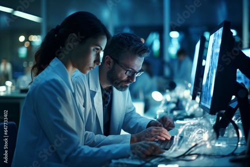 Female and Male Scientists Working on their Computers In Big Modern Laboratory