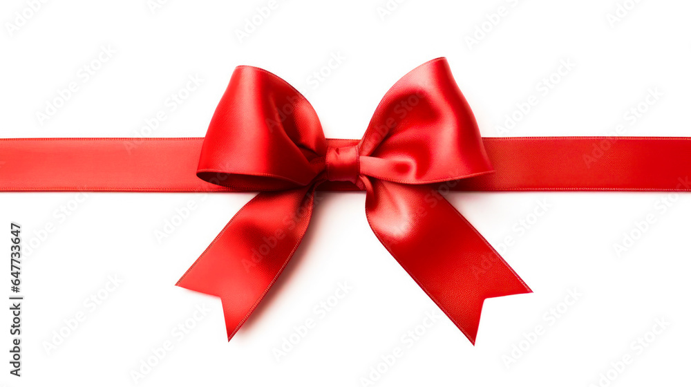 Fototapeta premium Beautiful red bow with horizontal ribbon with shadow, isolated on white background.