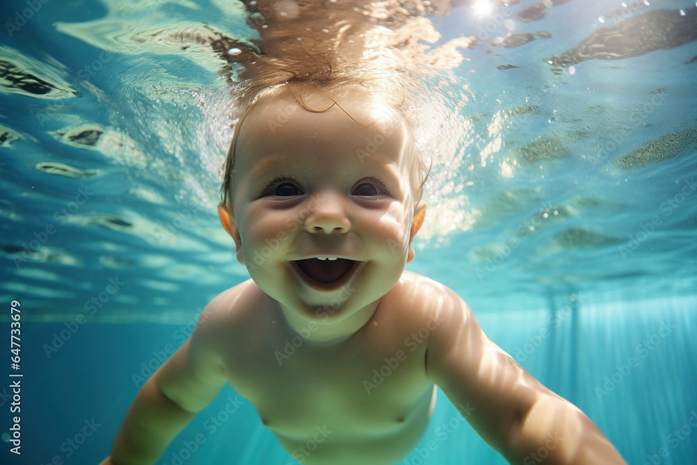Joyful baby practices swimming underwater in a pool, radiating happiness and pure delight.