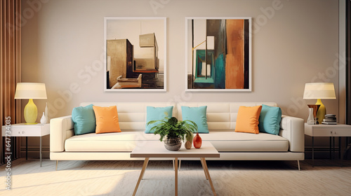 Interior Furniture, Pop art style interior design of modern living room with two beige sofas. Generative Ai © tong2530