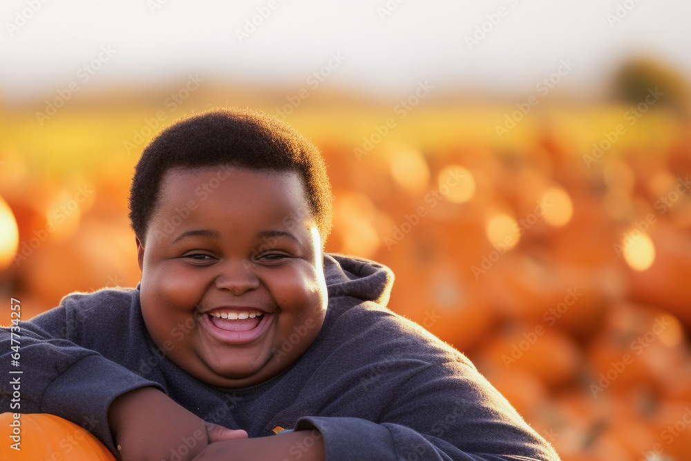 Boy collecting pumpkins in a pumpkin plantation to create Jack-o'-lantern for Halloween.
