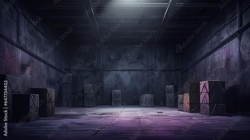 interior of a dark dirty warehouse illustration
