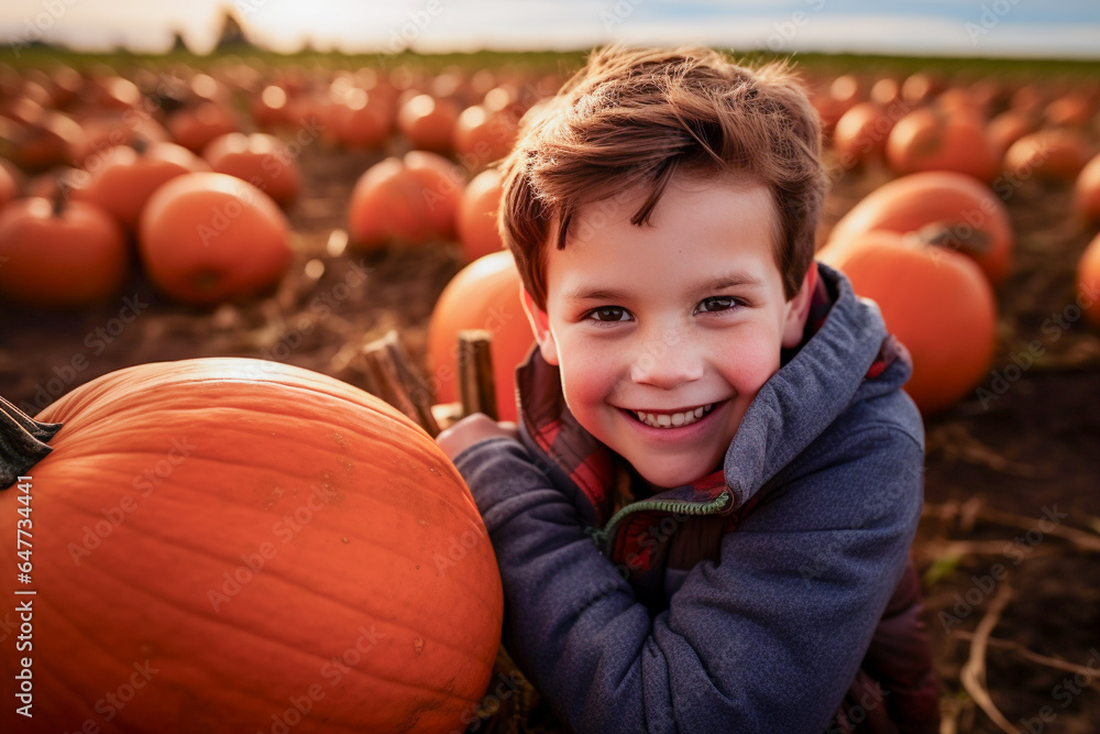 Fototapeta premium Boy collecting pumpkins in a pumpkin plantation to create Jack-o'-lantern for Halloween.
