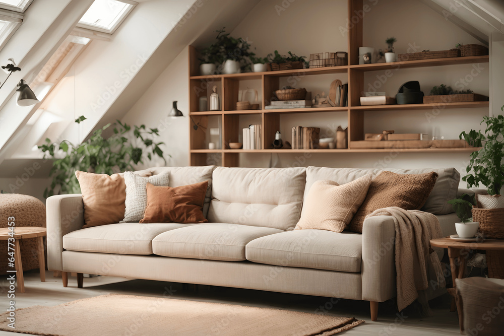 Corner sofa against shelving unit, scandinavian home interior design of modern living room in attic in farmhouse. Image created using artificial intelligence. Corner sofa against shelving unit, scandinavian home interior design of modern living room in attic in farmhouse. Image created using artificial intelligence.
