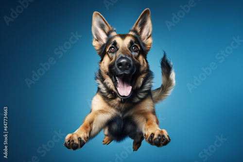 German Shepherd Dog Jumping on Blue Background