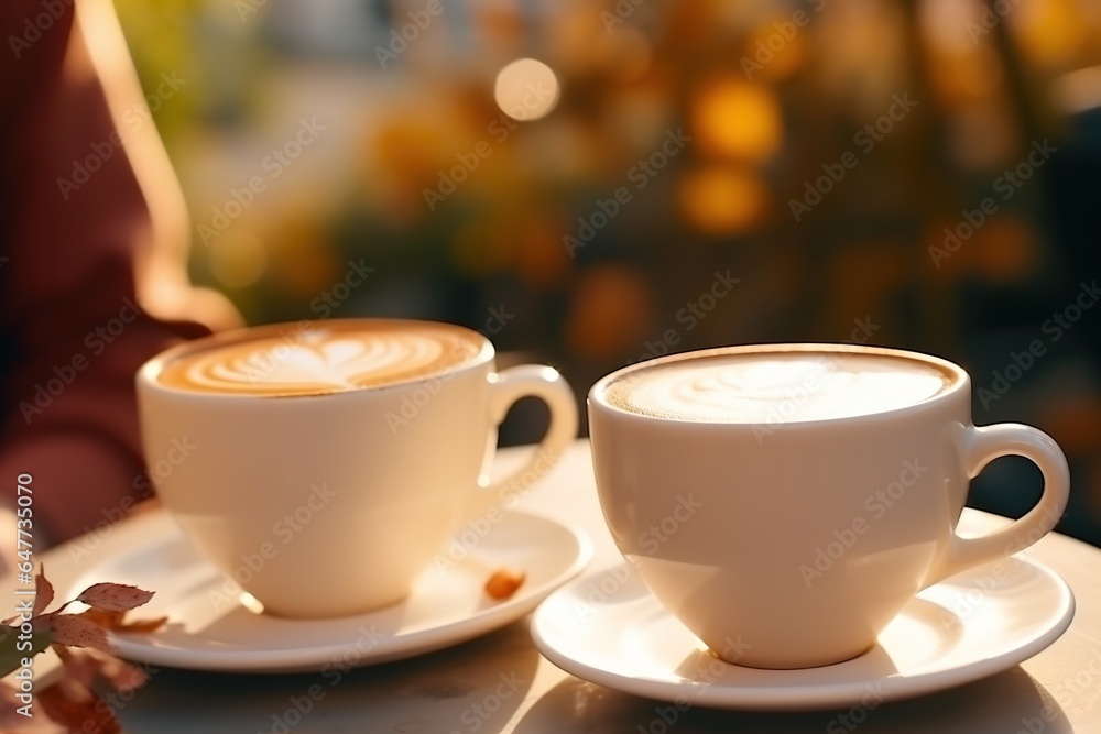 Fototapeta premium Close up image of standing white cappuccino mugs. Aroma and warmth.