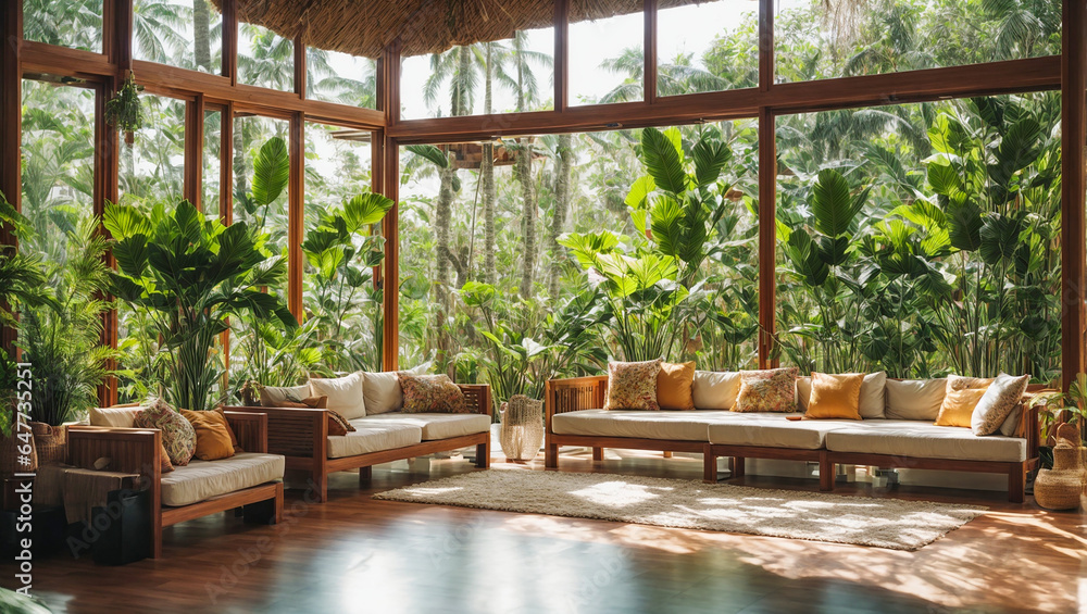 interior of an eco-friendly house, tropical leaves